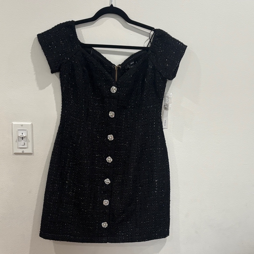 Aqua Black Mini Dress with Sparkling Button Accents